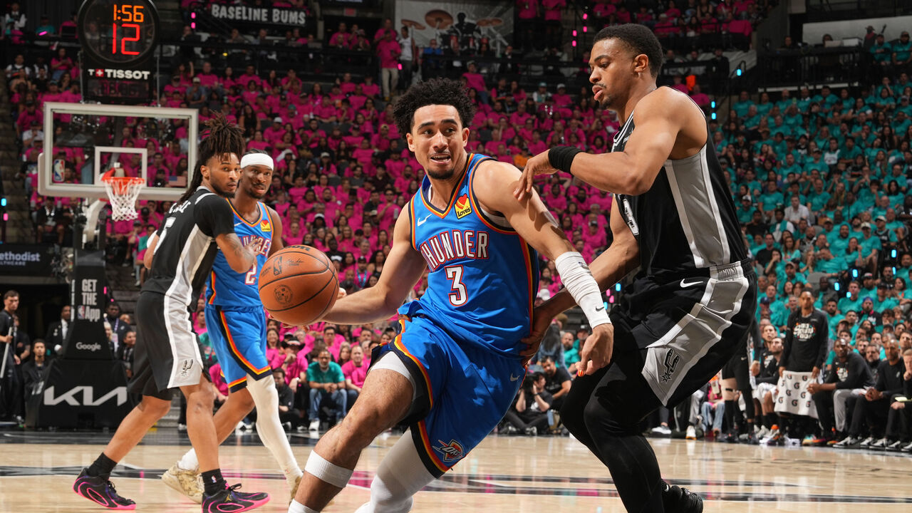 OKLAHOMA CITY, OK - MAY 22: Jared McCain #3 of the Oklahoma City Thunder drives to the basket during the game against the San Antonio Spurs during Game Three of the NBA Western Conference Finals on May 22, 2026 at Paycom Center in Oklahoma City, Oklahoma. Mandatory Copyright Notice: Copyright 2026 NBAE