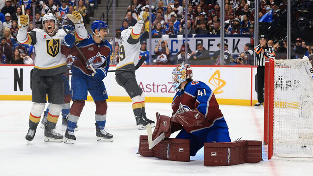 DENVER, COLORADO - MAY 22: Pavel Dorofeyev #16 of the Vegas Golden Knights celebrates a goal scored against Scott Wedgewood #41 of the Colorado Avalanche by teammates Jack Eichel (not pictured) during the third period in Game Two of the Western Conference Final of the 2026 Stanley Cup Playoffs at Ball Arena on May 22, 2026 in Denver, Colorado.