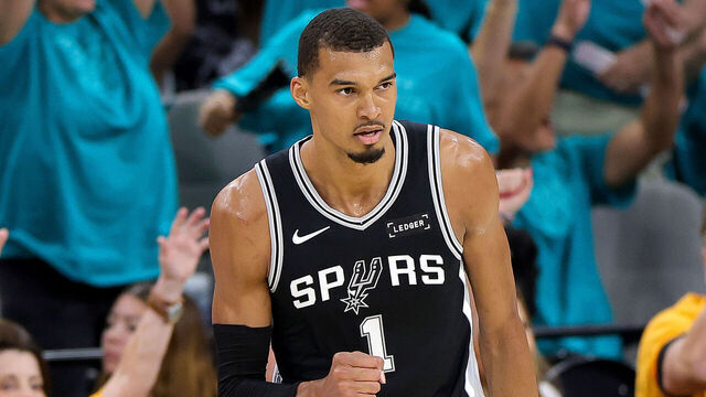 SAN ANTONIO, TEXAS - MAY 22: Victor Wembanyama #1 of the San Antonio Spurs reacts after his made three basket against the Oklahoma City Thunder during the first quarter in Game Three of the NBA Western Conference Finals at Frost Bank Center on May 22, 2026 in San Antonio, Texas.