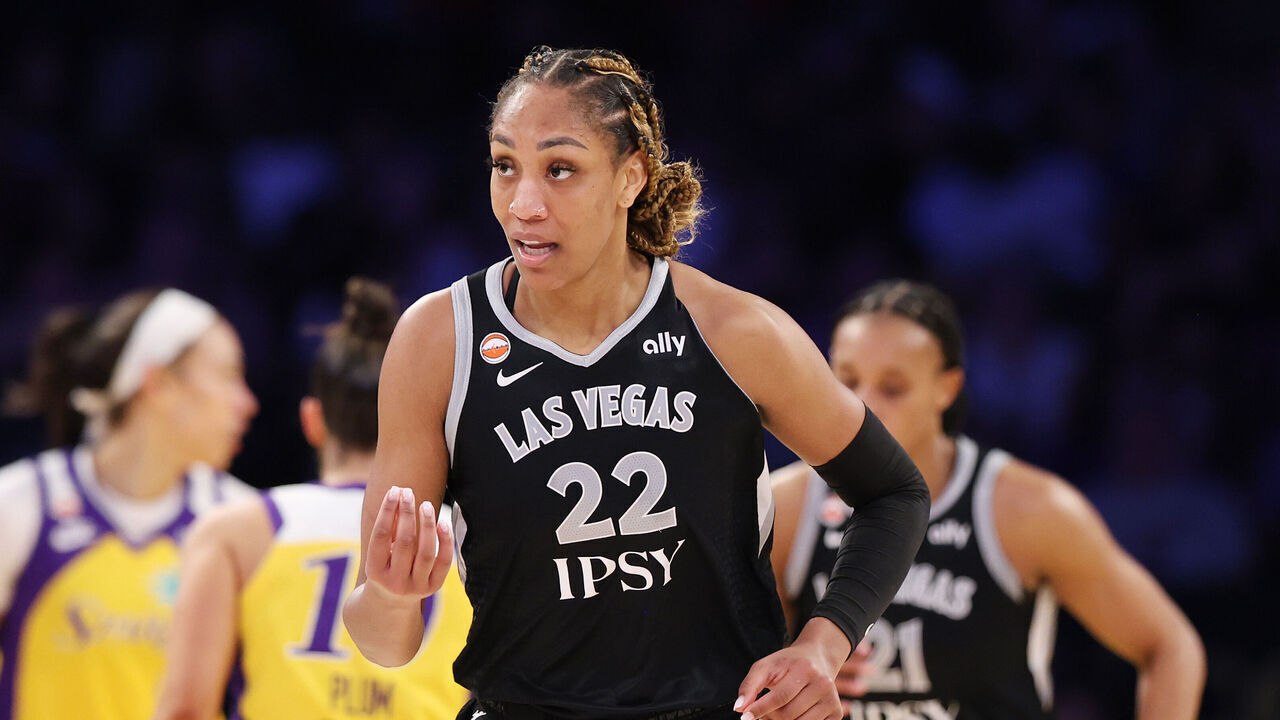 LOS ANGELES, CALIFORNIA - MAY 10: A'ja Wilson #22 of the Las Vegas Aces looks o during the second half of their game against the Los Angeles Sparks at Crypto.com Arena on May 10, 2026 in Los Angeles, California.
