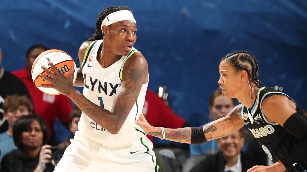 CHICAGO, IL - MAY 23: Natasha Howard #1 of the Minnesota Lynx looks to pass the ball during the game against the Chicago Sky on May 23, 2026 at the Wintrust Arena in Chicago, IL. Mandatory Copyright Notice: Copyright 2026 NBAE