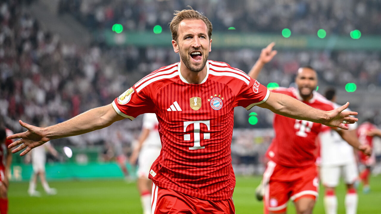 Berlin, Germany - May 23: Harry Kane of FC Bayern Muenchen celebrates after scoring his team's first goal during the DFB Cup Final 2026 match between FC Bayern München and VfB Stuttgart at Olympiastadion on May 23, 2026 in Berlin, Germany.