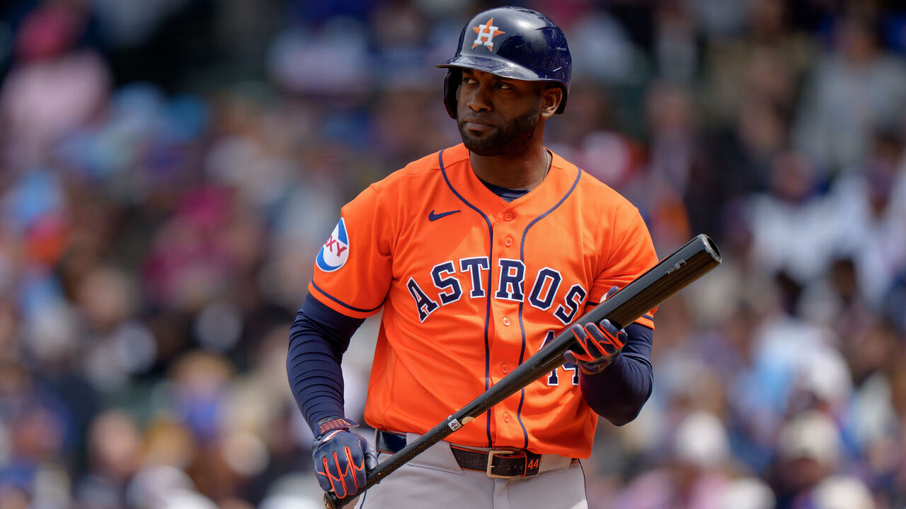 CHICAGO, ILLINOIS - MAY 22: Yordan Alvarez #44 of the Houston Astros bats in a game against the Chicago Cubs at Wrigley Field on May 22, 2026 in Chicago, Illinois.