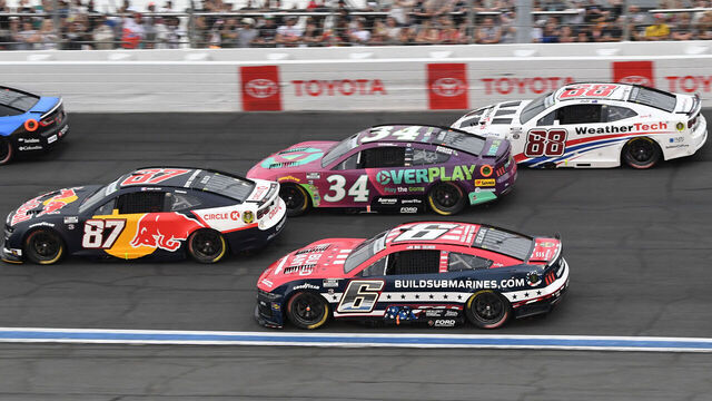 CHARLOTTE, NC - MAY 25: Connor Zilisch (#87 Trackhouse Racing Red Bull Chevrolet) leads Brad Keselowski (#6 RFK Racing BuildSubmarines.com Ford), Todd Gilliland (#34 Front Row Motorsports Overplay Ford) and Shane Van Gisbergen (#88 Trackhouse Racing WeatherTech Chevrolet) during the running of the NASCAR Cup Series Coca-Cola 600 on May 25, 2025, at Charlotte Motor Speedway in Charlotte, NC.