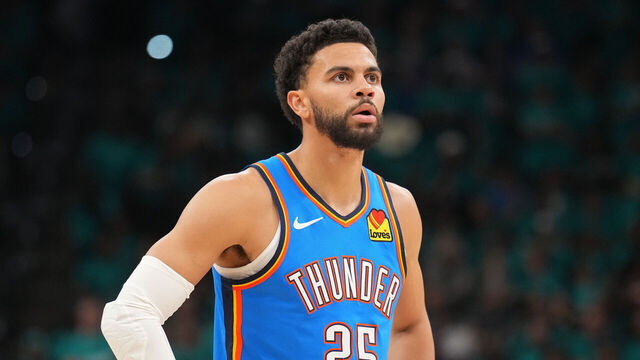 OKLAHOMA CITY, OK - MAY 22: Ajay Mitchell #25 of the Oklahoma City Thunder looks on during the game against the San Antonio Spurs during Game Three of the NBA Western Conference Finals on May 22, 2026 at Paycom Center in Oklahoma City, Oklahoma. Mandatory Copyright Notice: Copyright 2026 NBAE