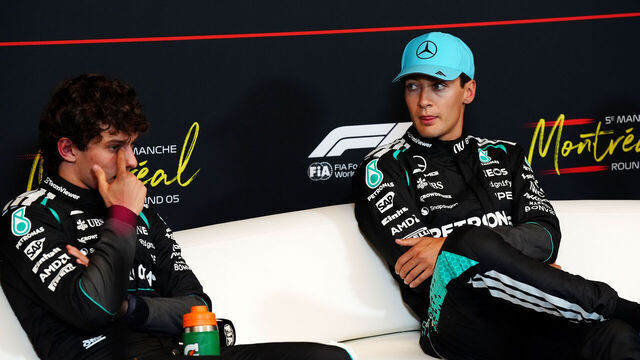 Mercedes' George Russell (right) after qualifying in pole position with second placed Mercedes' Andrea Kimi Antonelli ahead of the 2026 Canadian Grand Prix which will take place on Sunday. Picture date: Saturday May 23, 2026.