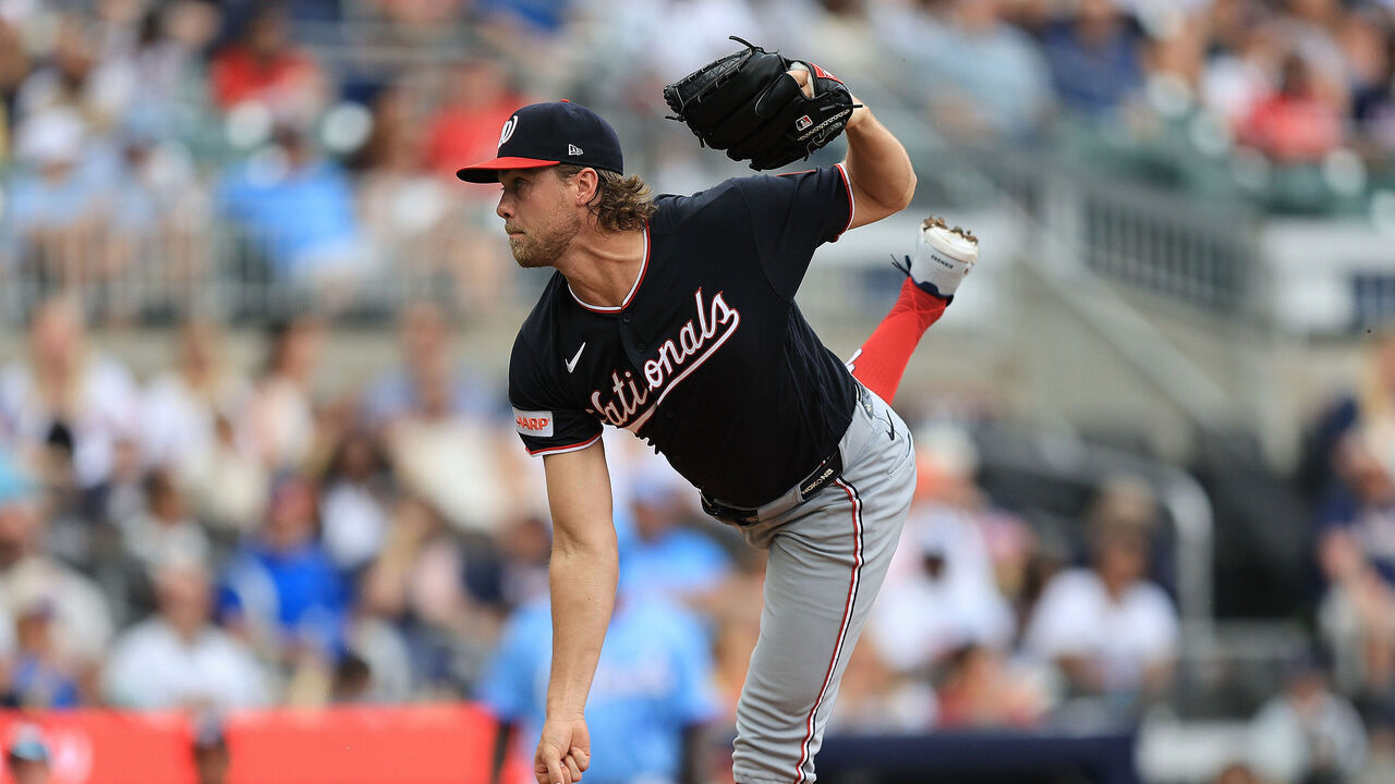 ATLANTA, GA - MAY 23: Starting pitcher Jake Irvin (27) of the Washington Nationals delivers a pitch during the Saturday afternoon MLB game between the Atlanta Braves and the Washington Nationals on May 23, 2026 at Truist Park in Atlanta, GA.