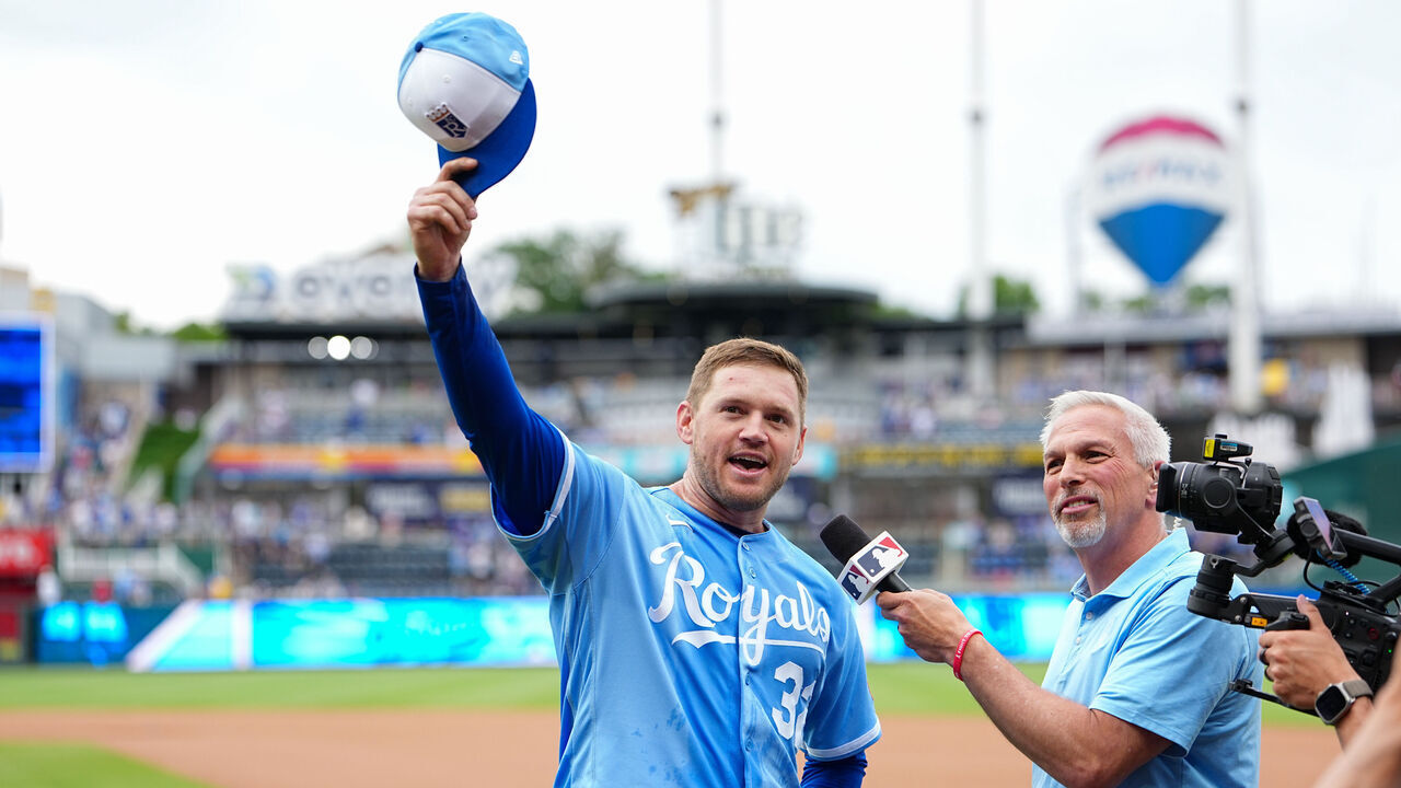 KANSAS CITY, MO - MAY 23: Stephen Kolek #32 of the Kansas City Royals speaks in an interview after pitching a complete game and winning the game between the Seattle Mariners and the Kansas City Royals at Kauffman Stadium on Saturday, May 23, 2026 in Kansas City, Missouri.