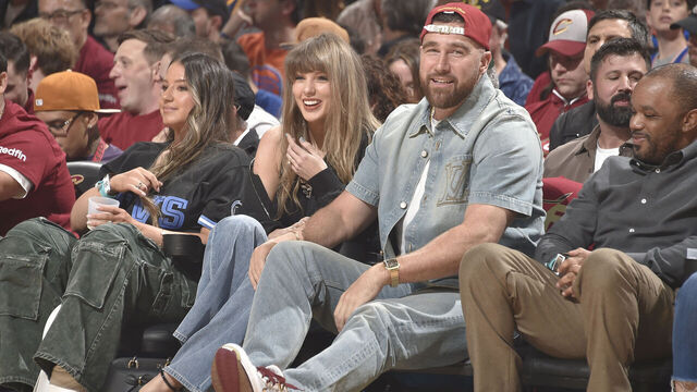 CLEVELAND, OH - MAY 23: Travis Kelce and Taylor Swift attends the game between the New York Knicks and Cleveland Cavaliers during Game Three of the 2026 Eastern Conference Finals on May 23, 2026 at Rocket Arena in Cleveland, Ohio. NOTE TO USER: User expressly acknowledges and agrees that, by downloading and/or using this Photograph, user is consenting to the terms and conditions of the Getty Images License Agreement. Mandatory Copyright Notice: Copyright 2026 NBAE