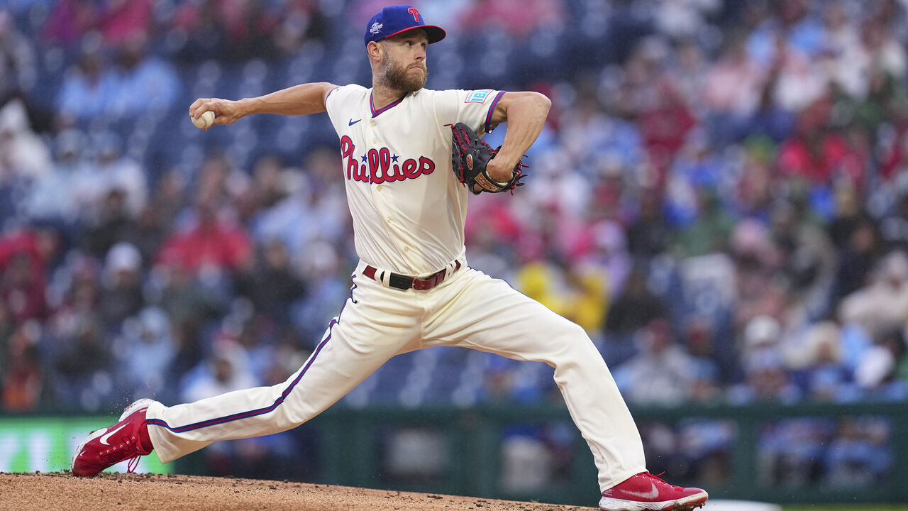 PHILADELPHIA, PENNSYLVANIA - MAY 23: Zack Wheeler #45 of the Philadelphia Phillies throws a pitch in the top of the first inning against the Cleveland Guardians at Citizens Bank Park on May 23, 2026 in Philadelphia, Pennsylvania.