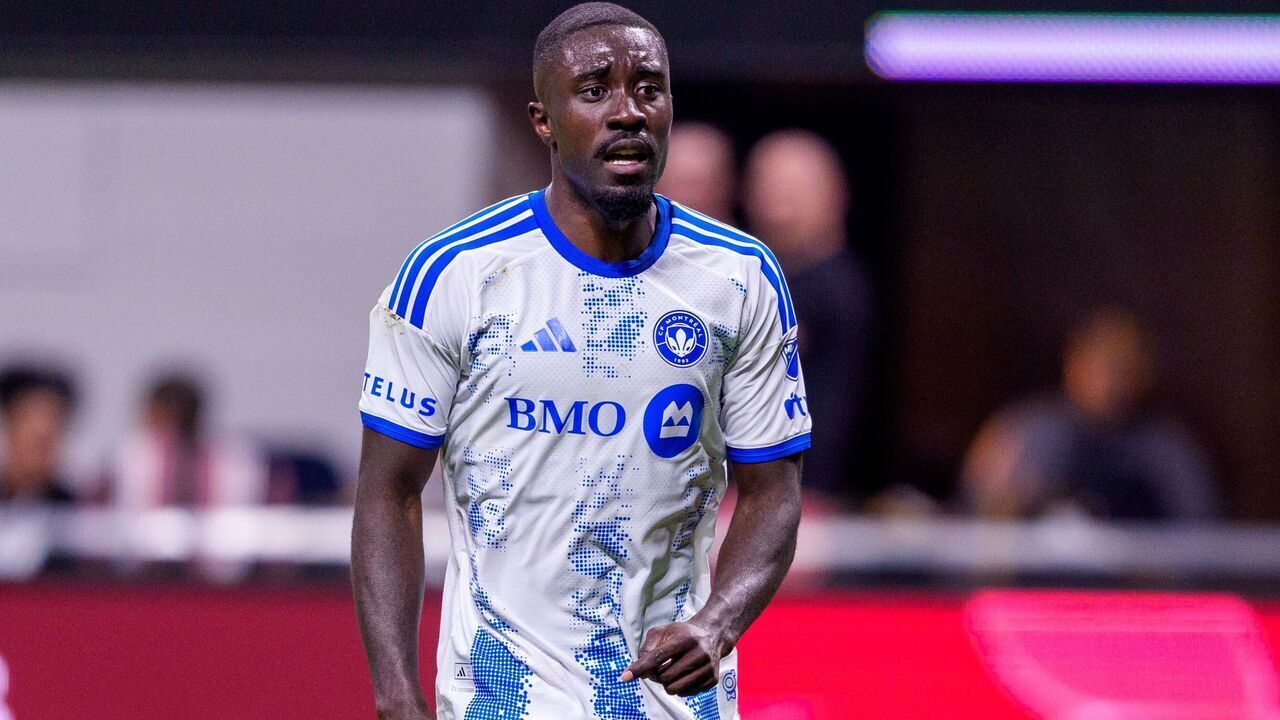 ATLANTA, GEORGIA - MAY 2: Prince Owusu #9 of the CF Montréal walks down the pitch during the match between Atlanta United FC v CF Montreal at Mercedes-Benz Stadium on May 2, 2026 in Atlanta, Georgia.