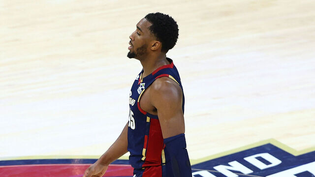 CLEVELAND, OH - MAY 23: Donovan Mitchell #45 of the Cleveland Cavaliers looks on during the game against the New York Knicks during Game Three of the 2026 Eastern Conference Finals on May 23, 2026 at Rocket Arena in Cleveland, Ohio. NOTE TO USER: User expressly acknowledges and agrees that, by downloading and/or using this Photograph, user is consenting to the terms and conditions of the Getty Images License Agreement. Mandatory Copyright Notice: Copyright 2026 NBAE