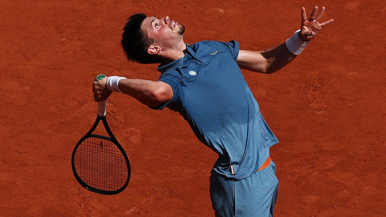 PARIS, FRANCE - MAY 24: Arthur Gea of France serves during his Men's Singles first round match against Karen Khachanov on Day One of the 2026 French Open at Roland Garros on May 24, 2026 in Paris, France.