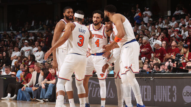 CLEVELAND, OH - MAY 23: The New York Knicks huddle up during the game against the Cleveland Cavaliers during Game Three of the Eastern Conference Finals on May 23, 2026 at Rocket Arena in Cleveland, Ohio. NOTE TO USER: User expressly acknowledges and agrees that, by downloading and/or using this Photograph, user is consenting to the terms and conditions of the Getty Images License Agreement. Mandatory Copyright Notice: Copyright 2026 NBAE