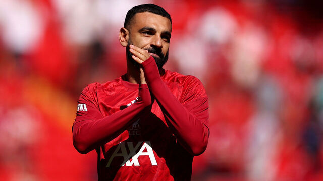 LIVERPOOL, ENGLAND - MAY 24: Mohamed Salah of Liverpool applauds the fans as he warms up prior to the Premier League match between Liverpool and Brentford at Anfield on May 24, 2026 in Liverpool, England.