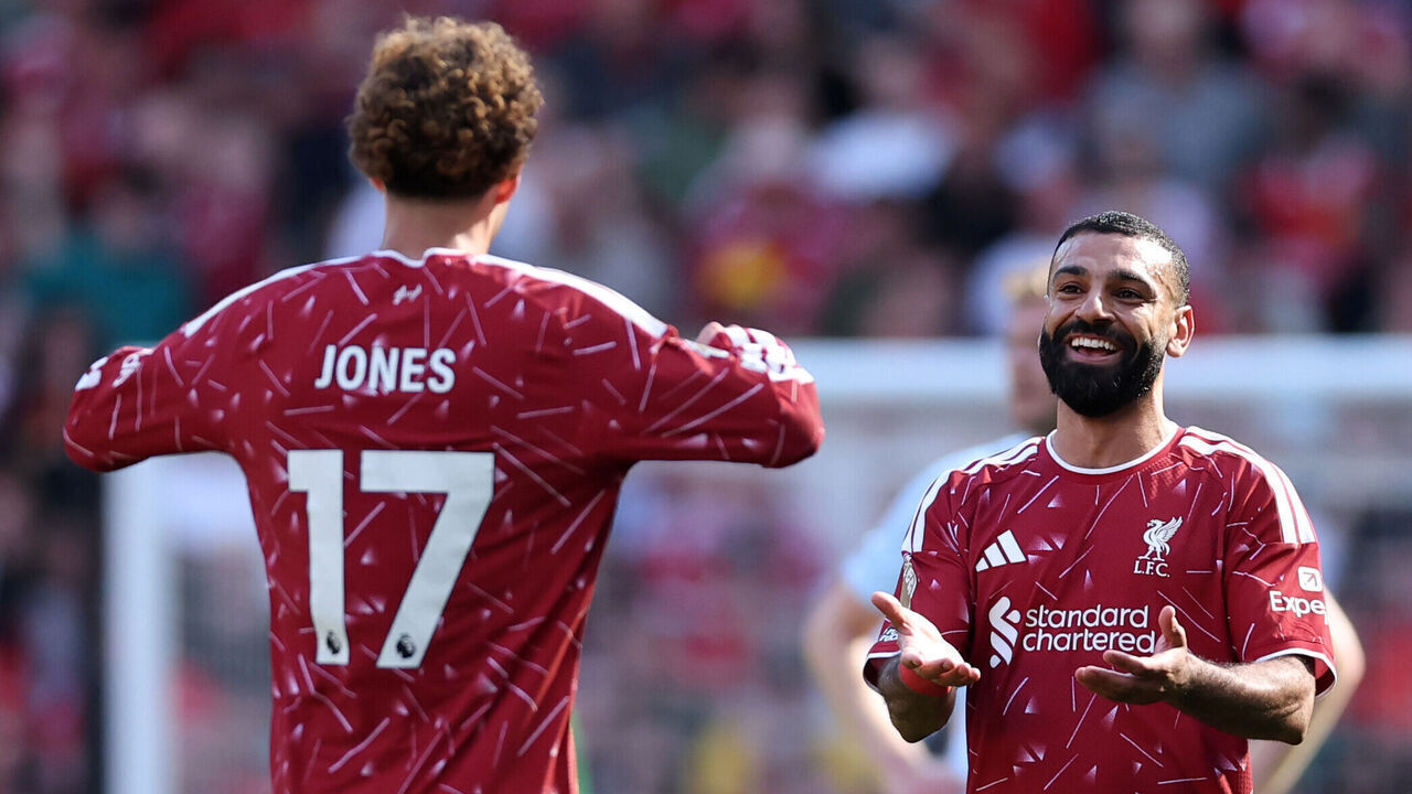 LIVERPOOL, ENGLAND - MAY 24: Curtis Jones of Liverpool celebrates scoring his team's first goal after an assist from Mohamed Salah during the Premier League match between Liverpool and Brentford at Anfield on May 24, 2026 in Liverpool, England.