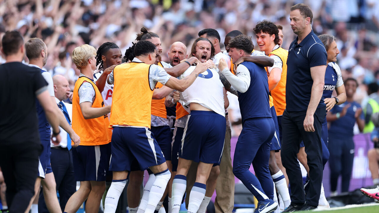 LONDON, ENGLAND - MAY 24: Joao Palhinha of Tottenham Hotspur (obscured) celebrates scoring his team's first goal with teammates during the Premier League match between Tottenham Hotspur and Everton at Tottenham Hotspur Stadium on May 24, 2026 in London, England.