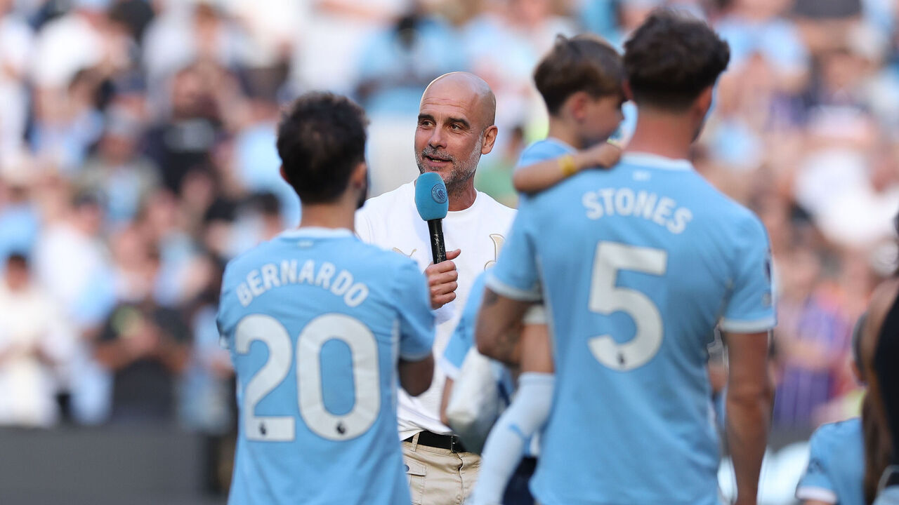 MANCHESTER, ENGLAND - MAY 24: Josep 'Pep' Guardiola, head coach of Manchester City, speaks after the Premier League match between Manchester City and Aston Villa at Etihad Stadium on May 24, 2026 in Manchester, England.