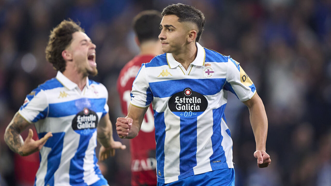 A CORUNA, SPAIN - APRIL 20: Yeremay Hernandez of RC Deportivo de La Coruna celebrates after scoring his team's second goal during the LaLiga Hypermotion match between RC Deportivo La Coruna and CD Mirandes at Abanca-Riazor Stadium on April 20, 2026 in A Coruna, Spain.