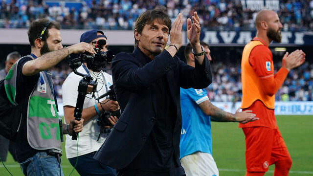 Napoli, Italy - May 24: Head Coach Antonio Conte of SSC Napoli greets the supporters at the end of the Serie A match between SSC Napoli and Udinese Calcio at Diego Maradona Stadium on May 24, 2026 in Napoli, Italy.