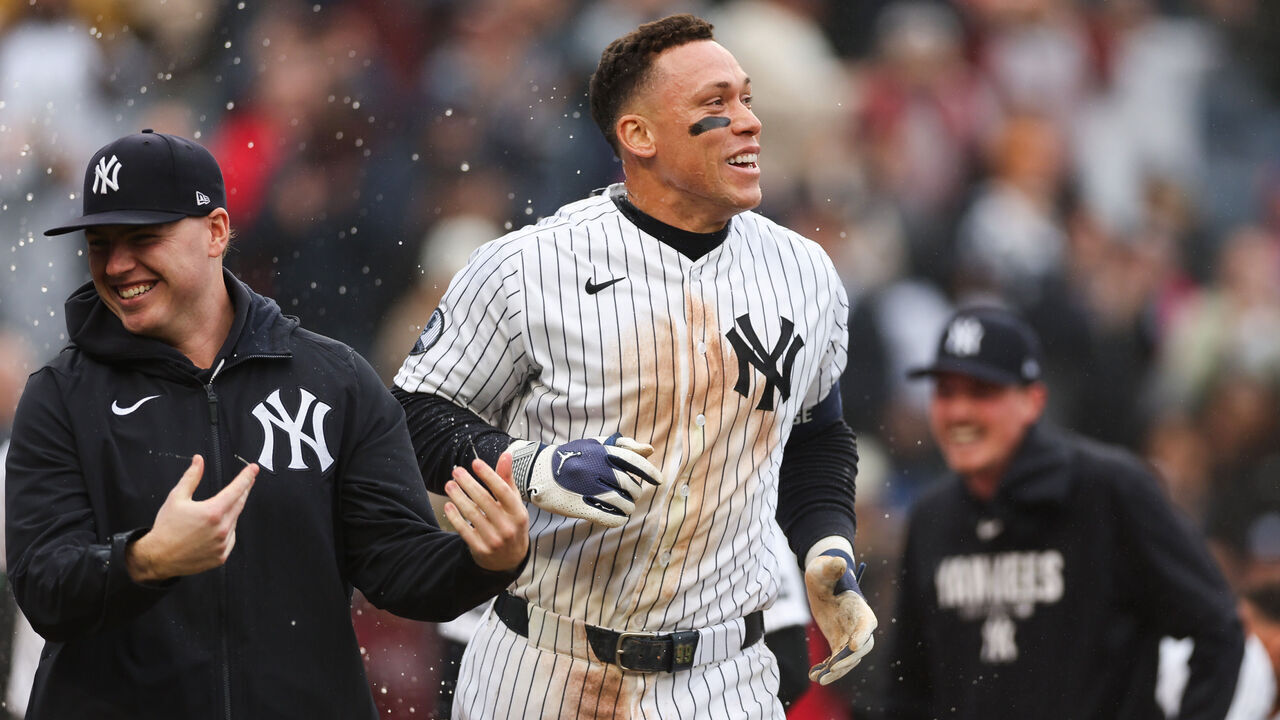 NEW YORK, NEW YORK - MAY 24: Aaron Judge #99 of the New York Yankees reacts after hitting a walk off 2-run home run during the ninth inning against the Tampa Bay Rays at Yankee Stadium on May 24, 2026 in the Bronx borough of New York City. The New York Yankees won 2-0.