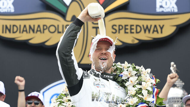 INDIANAPOLIS, INDIANA - MAY 24: Felix Rosenqvist, driver of the #60 Meyer Shank w/ Curb-Agajanian Honda celebrates in Victory Circle after winning the NTT IndyCar Series 110th Running of the Indianapolis 500 at Indianapolis Motor Speedway on May 24, 2026 in Indianapolis, Indiana.
