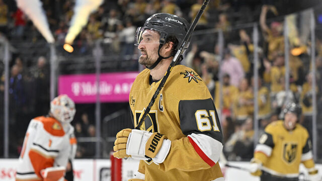 LAS VEGAS, NEVADA - MAY 06: Mark Stone #61 of the Vegas Golden Knights reacts after a goal during the third period against the Anaheim Ducks in Game Two of the Second Round of the 2026 Stanley Cup Playoffs at T-Mobile Arena on May 06, 2026 in Las Vegas, Nevada.