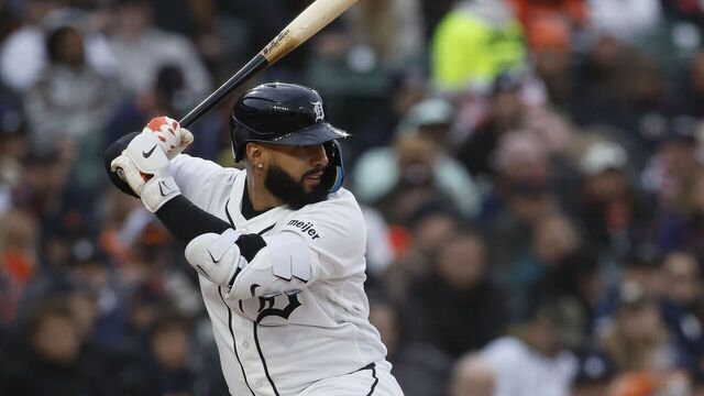 DETROIT, MI - MAY 2: Gleyber Torres #25 of the Detroit Tigers bats against the Texas Rangers during the first inning at Comerica Park on May 2, 2026 in Detroit, Michigan.