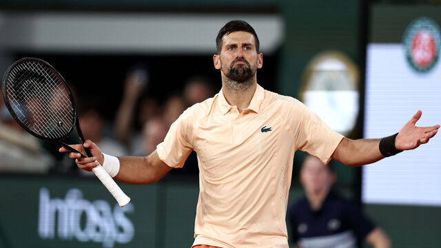 PARIS, FRANCE - MAY 24: Novak Djokovic of Serbia celebrates winning match point against Giovanni Mpetshi Perricard of France in their Men's Singles first round match during Day One of the 2026 French Open at Roland Garros on May 24, 2026 in Paris, France.