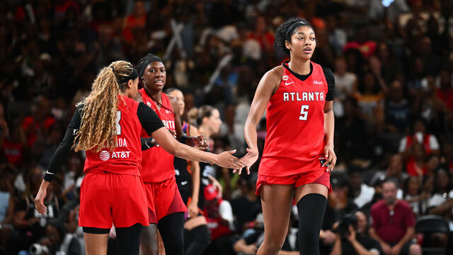 ATLANTA, GA - MAY 24: Angel Reese #5 and Jordin Canada #3 of the Atlanta Dream high five during the game against the Phoenix Mercury on May 24, 2026 at Gateway Center Arena at College Park in Atlanta, Georgia. Mandatory Copyright Notice: Copyright 2026 NBAE