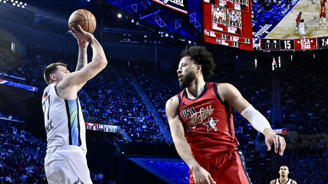 Inglewood, CA - February 15: Luka Doncic of Team World shoots against Cade Cunningham of Team USA Stars in the first game of the 75th NBA All-Star game at Intuit Dome in Inglewood on Sunday February 15, 2026.