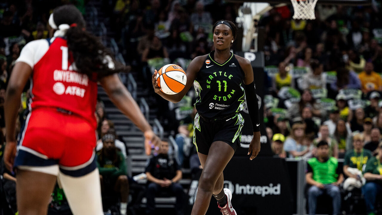 SEATTLE, WASHINGTON - MAY 24: Awa Fam #11 of the Seattle Storm dribbles down the court during the first half against the Washington Mystics at Climate Pledge Arena on May 24, 2026 in Seattle, Washington.