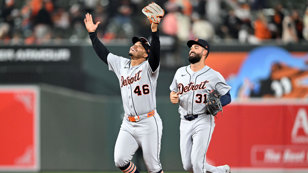 BALTIMORE, MARYLAND - MAY 24: Wenceel Pérez #46 and Riley Greene #31 of the Detroit Tigers celebrate after a 4-1 victory against the Baltimore Orioles in game two of a double header at Oriole Park at Camden Yards on May 24, 2026 in Baltimore, Maryland.