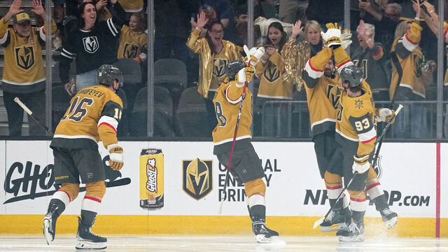 LAS VEGAS, NEVADA - MAY 24: Mark Stone #61 of the Vegas Golden Knights celebrates with teammates after a goal during the second period against the Colorado Avalanche in Game Three of the Western Conference Final of the 2026 Stanley Cup Playoffs at T-Mobile Arena on May 24, 2026 in Las Vegas, Nevada.