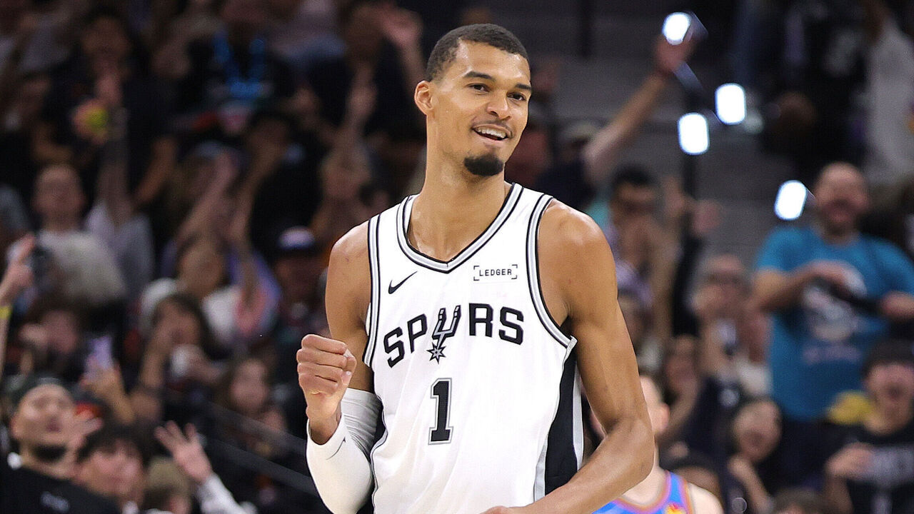SAN ANTONIO, TEXAS - MAY 24: Victor Wembanyama #1 of the San Antonio Spurs celebrates a three point basket against the Oklahoma City Thunder during the third quarter in Game Four of the NBA Western Conference Finals at Frost Bank Center on May 24, 2026 in San Antonio, Texas.
