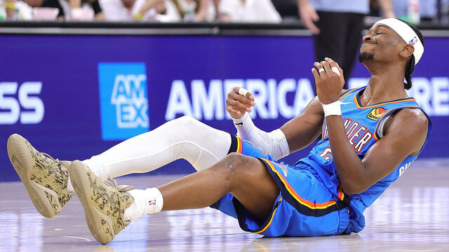 SAN ANTONIO, TEXAS - MAY 24: Shai Gilgeous-Alexander #2 of the Oklahoma City Thunder reacts during the second quarter after scoring a goal in Game Four of the NBA Western Conference Finals at Frost Bank Center on May 24, 2026 in San Antonio, Texas.