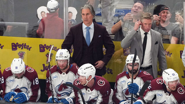 LAS VEGAS, NEVADA - MAY 24: Head coach Jared Bednar of the Colorado Avalanche looks on during the first period against the Vegas Golden Knights in Game Three of the Western Conference Final of the 2026 Stanley Cup Playoffs at T-Mobile Arena on May 24, 2026 in Las Vegas, Nevada.