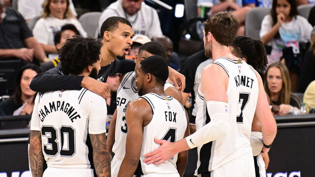 SAN ANTONIO, TX - MAY 24: Victor Wembanyama #1 of the San Antonio Spurs huddles up with the team during the game against the Oklahoma City Thunder during Round Three Game Four of the 2026 NBA Playoffs on May 24, 2026 at the Frost Bank Center in San Antonio, Texas. Mandatory Copyright Notice: Copyright 2026 NBAE (Photos by Adam Pantozzi/NBAE via Getty Images)