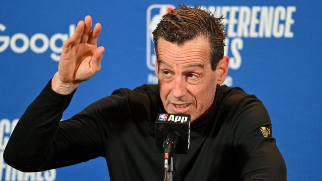 CLEVELAND, OHIO - MAY 23: Kenny Atkinson of the Cleveland Cavaliers talks with the press prior to a game against the New York Knicks in Game Three of the NBA Eastern Conference Finals at Rocket Arena on May 23, 2026 in Cleveland, Ohio.