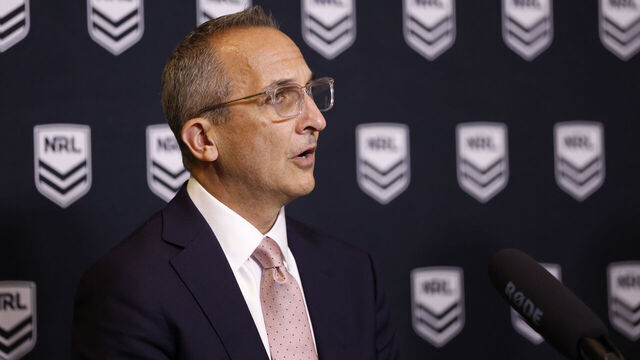 SYDNEY, AUSTRALIA - MAY 25: NRL CEO Andrew Abdo speaks to the media during an Australian Rugby League Commission and NRL press conference at Rugby League Central on May 25, 2026 in Sydney, Australia.