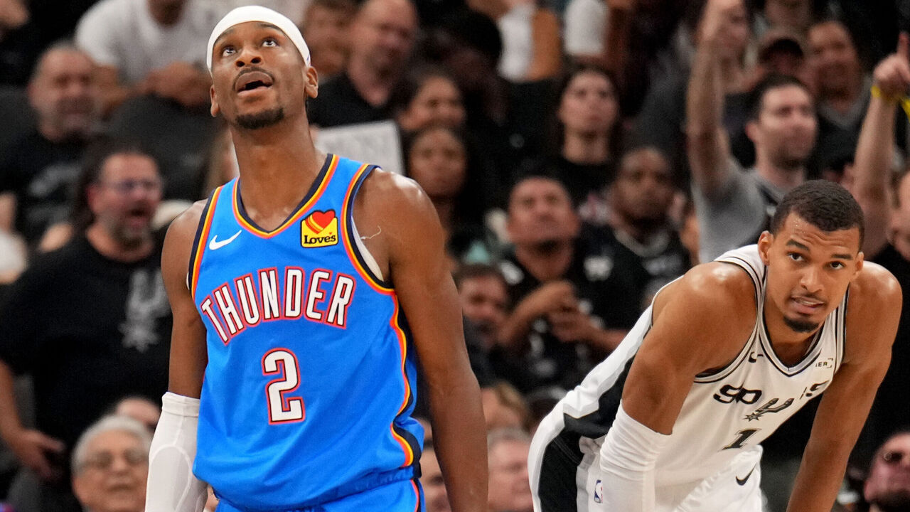 OKLAHOMA CITY, OK - MAY 24: Shai Gilgeous-Alexander #2 of the Oklahoma City Thunder and Victor Wembanyama #1 of the San Antonio Spurs looks on during the game during Game Four of the NBA Western Conference Finals on May 24, 2026 at Paycom Center in Oklahoma City, Oklahoma. Mandatory Copyright Notice: Copyright 2026 NBAE