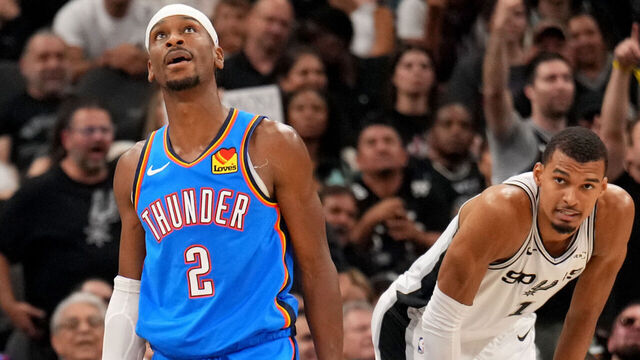 OKLAHOMA CITY, OK - MAY 24: Shai Gilgeous-Alexander #2 of the Oklahoma City Thunder and Victor Wembanyama #1 of the San Antonio Spurs looks on during the game during Game Four of the NBA Western Conference Finals on May 24, 2026 at Paycom Center in Oklahoma City, Oklahoma. Mandatory Copyright Notice: Copyright 2026 NBAE