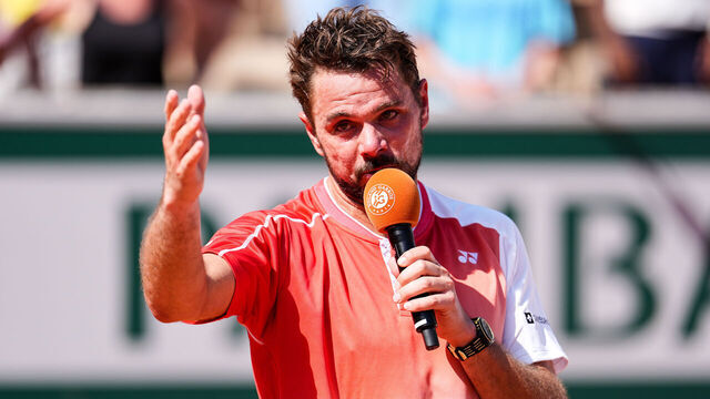PARIS, FRANCE - MAY 25: Stan Wawrinka of Switzerland shows his appreciation to the crowd, having announced his retirement, following defeat in his Men's Singles first round match against Jesper De Jong of Netherlands during Day Two of the 2026 French Open at Roland Garros on May 25, 2026 in Paris, France.
