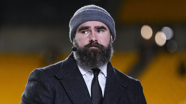 PITTSBURGH, PENNSYLVANIA - JANUARY 12: Jason Kelce looks on from the sideline during warmups prior to an NFL wild card playoff football game between the Houston Texans and the Pittsburgh Steelers at Acrisure Stadium on January 12, 2026 in Pittsburgh, Pennsylvania.