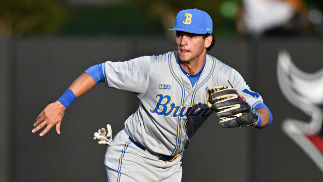 PISCATAWAY, NEW JERSEY - APRIL 10, 2026: Roch Cholowsky #1 of the UCLA Bruins fields a ground ball during the first inning against the Rutgers Scarlet Knights at Bainton Field on April 10, 2026 in Piscataway, New Jersey.