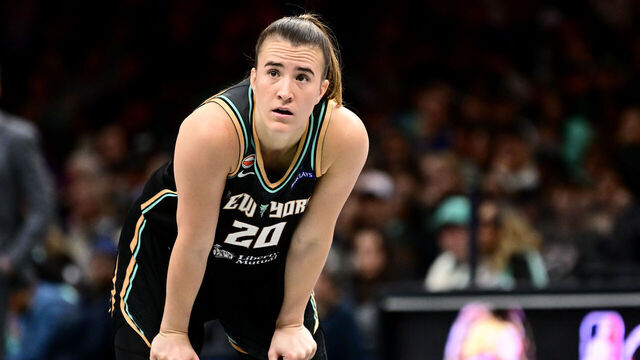 BROOKLYN, NY - MAY 24: Sabrina Ionescu #20 of the New York Liberty looks on during the game against the Dallas Wings on May 24, 2026 at Barclays Center Arena in Brooklyn, New York. Mandatory Copyright Notice: Copyright 2026 NBAE