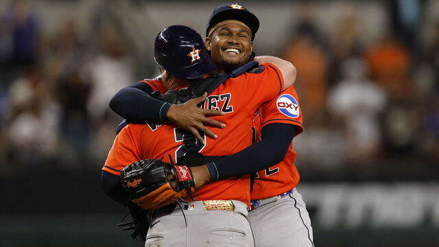 ARLINGTON, TEXAS - MAY 25: Christian Vázquez #2 of the Houston Astros and teammate Alimber Santa #72 celebrate the team's win and combined no-hitter against the Texas Rangers at Globe Life Field on May 25, 2026 in Arlington, Texas.
