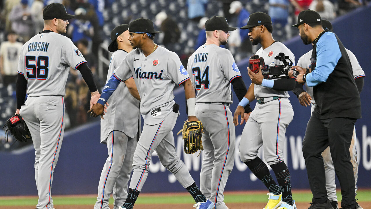 TORONTO, ON - MAY 25: Members of the Miami Marlins celebrate after the Marlins defeated the Toronto Blue Jays at Rogers Centre on Monday, May 25, 2026 in Toronto, Ontario, Canada.