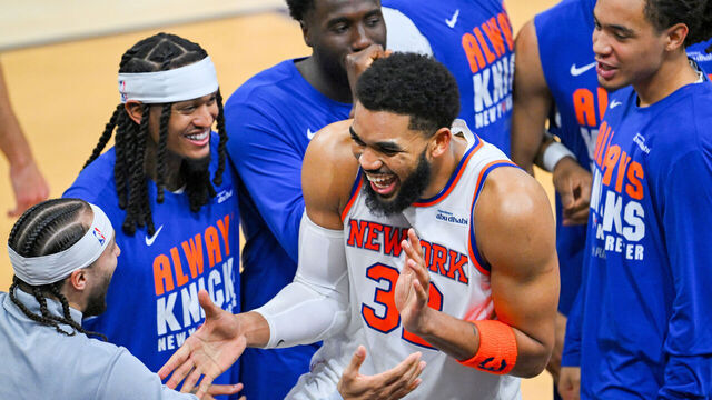 CLEVELAND, OHIO - MAY 25: Karl-Anthony Towns #32 of the New York Knicks celebrates during the third quarter against the Cleveland Cavaliers in Game Four of the NBA Eastern Conference Finals at Rocket Arena on May 25, 2026 in Cleveland, Ohio.