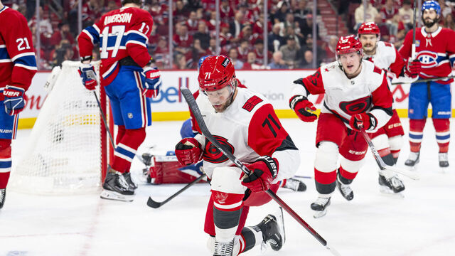 MONTREAL, CANADA- MAY 25: Taylor Hall #71 of the Carolina Hurricanes scores a goal during the first period of Game Three of the Eastern Conference Final of the 2026 Stanley Cup Playoffs between the Montreal Canadiens and the Carolina Hurricanes at the Bell Centre on May 25, 2026 in Montreal, Quebec, Canada.